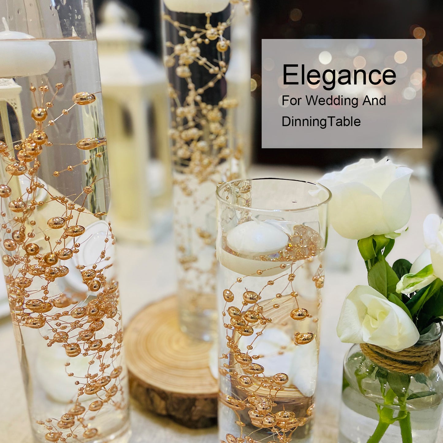 TeaSu 24Pcs Pearl String for Floating Candle Centerpieces. Floating Pearls for Wedding Centerpieces and Home Decorations - Champagne Gold