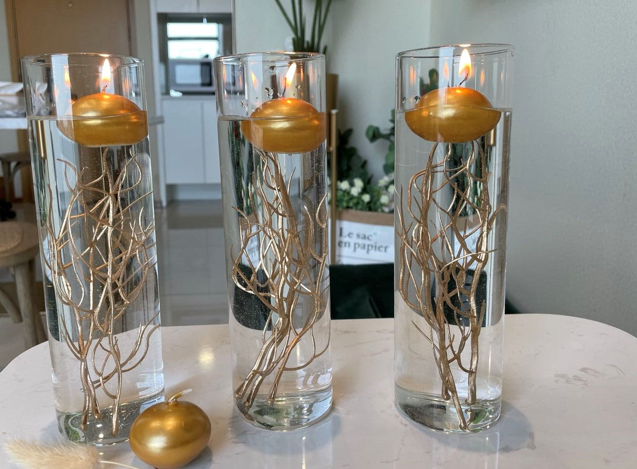 Teasu Floating Candle Centerpieces, Set of 3 Branch Vase Filler Centerpieces for Table Decoration - Gold