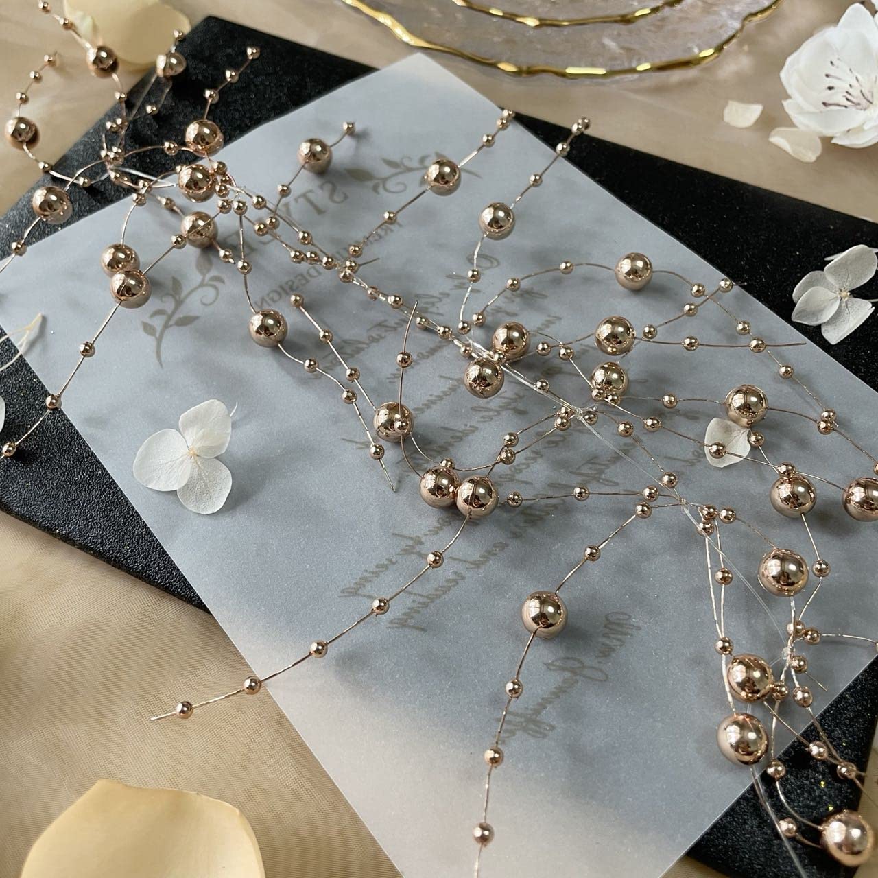 TeaSu 24Pcs Pearl String for Floating Candle Centerpieces. Floating Pearls for Wedding Centerpieces and Home Decorations - Champagne Gold