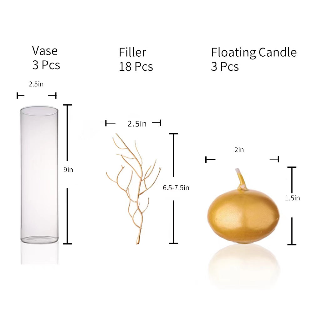 Teasu Floating Candle Centerpieces, Set of 3 Branch Vase Filler Centerpieces for Table Decoration - Gold