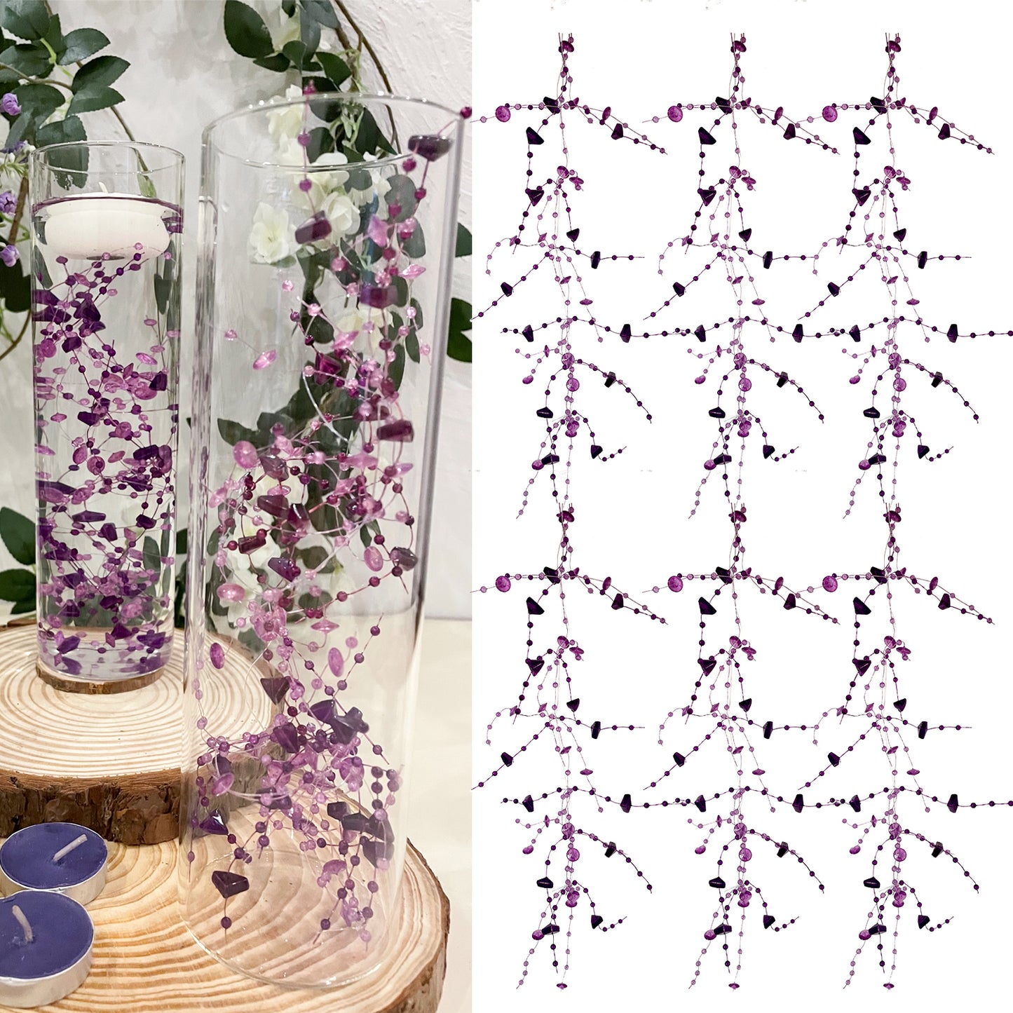 TeaSu 12pcs Purple Crystal String, for Floating Candles Centerpieces Table Decorations, Crystal Bead Filler for Party, Birthday Decorations