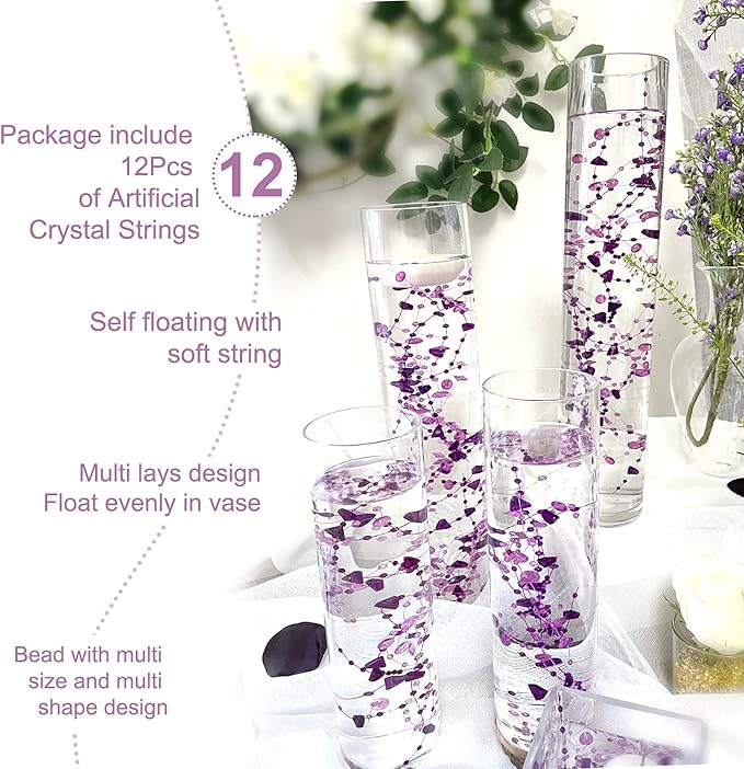TeaSu 12pcs Purple Crystal String, for Floating Candles Centerpieces Table Decorations, Crystal Bead Filler for Party, Birthday Decorations