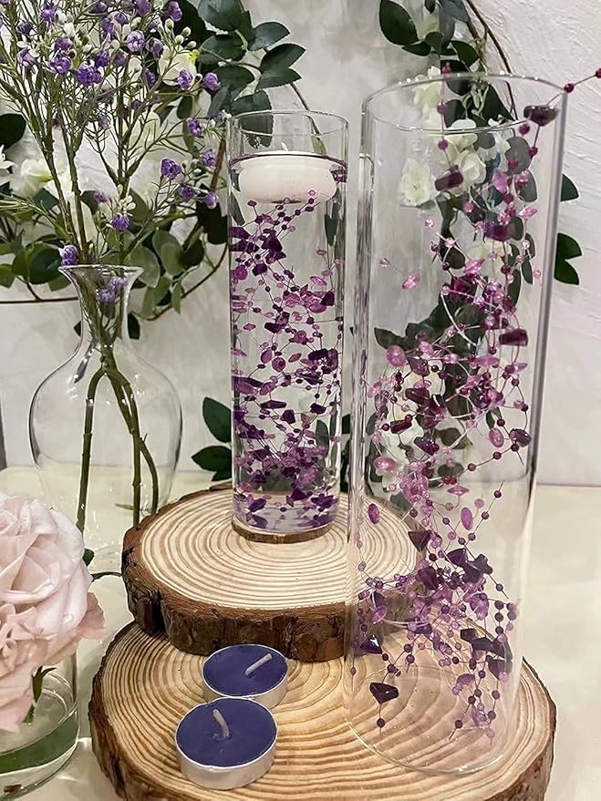 TeaSu 12pcs Purple Crystal String, for Floating Candles Centerpieces Table Decorations, Crystal Bead Filler for Party, Birthday Decorations