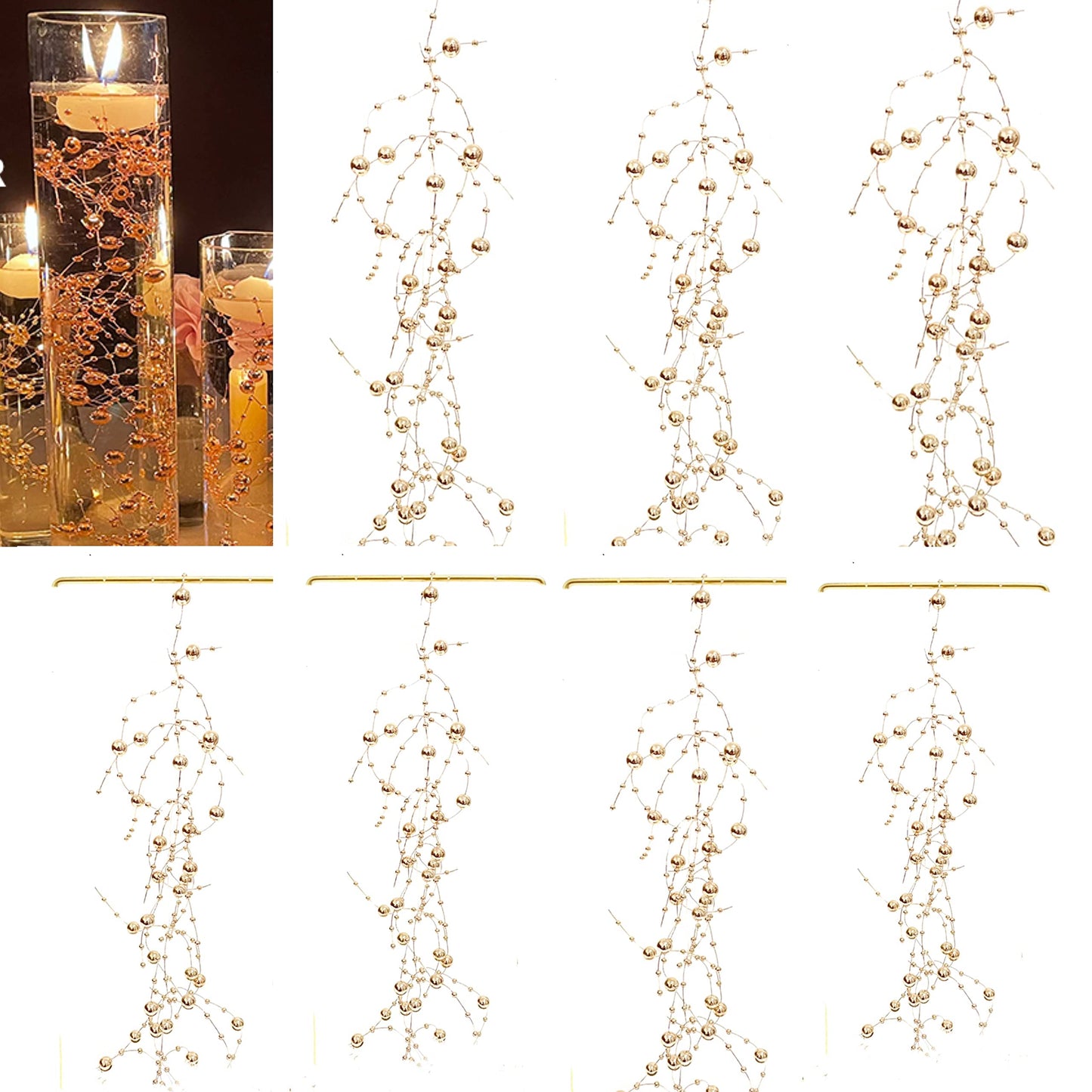 TeaSu 24Pcs Pearl String for Floating Candle Centerpieces. Floating Pearls for Wedding Centerpieces and Home Decorations - Champagne Gold