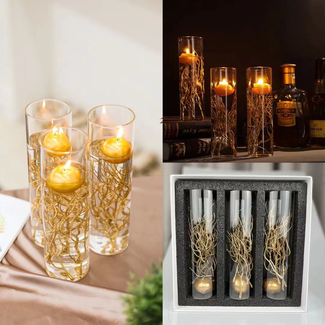 Teasu Floating Candle Centerpieces, Set of 3 Branch Vase Filler Centerpieces for Table Decoration - Gold