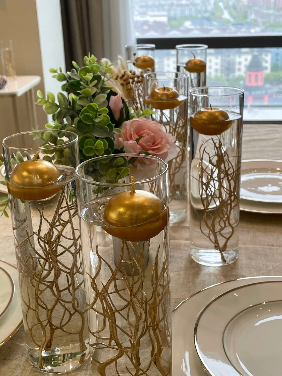 Teasu Floating Candle Centerpieces, Set of 3 Branch Vase Filler Centerpieces for Table Decoration - Gold