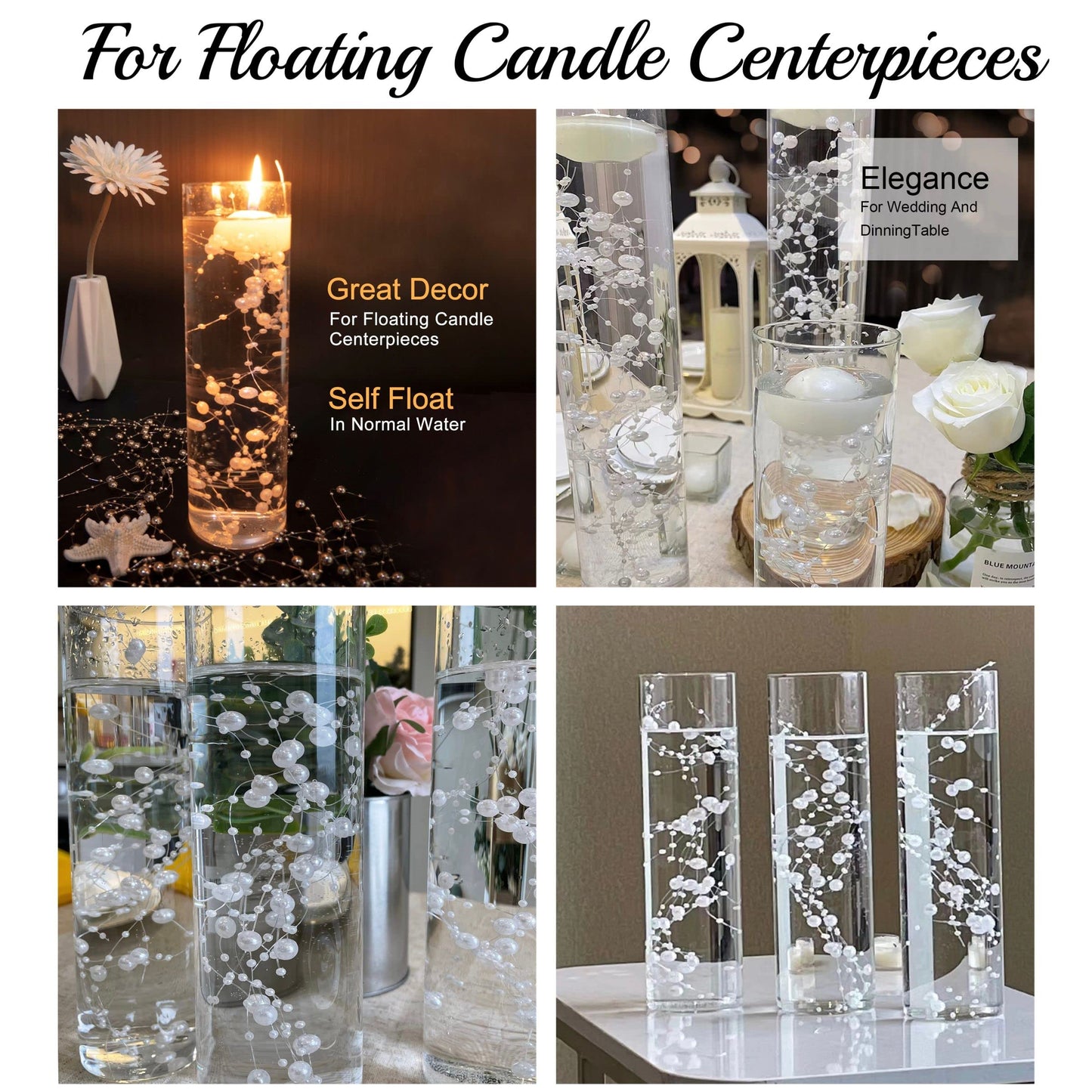 TeaSu 12Pcs Pearl String for Floating Candle Centerpieces. Floating Pearls for Wedding Centerpieces and Home Decorations - White